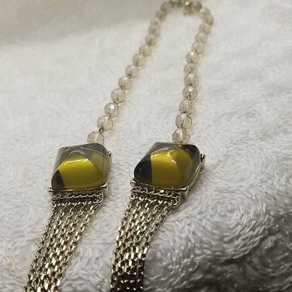 Ann Taylor Necklace Square Lucite Crystal Green Five Multiple Chains Gold - Picture 3 of 10